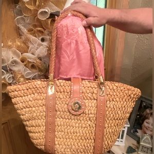 Michael kors straw bag with woven handles and gold hardware